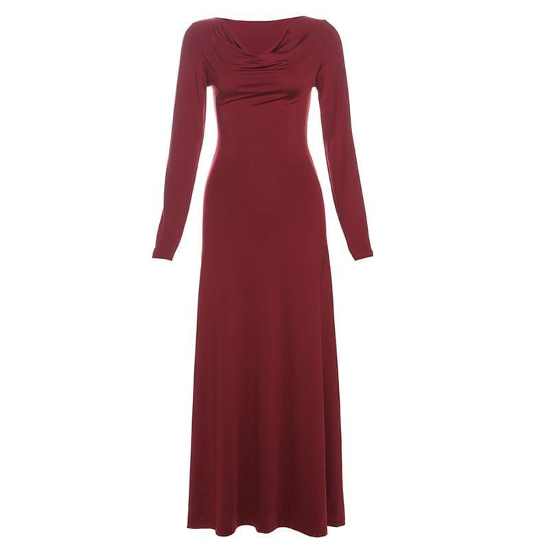 Long-Sleeve Cowl Neck Plain Maxi A-Line Dress Product Image