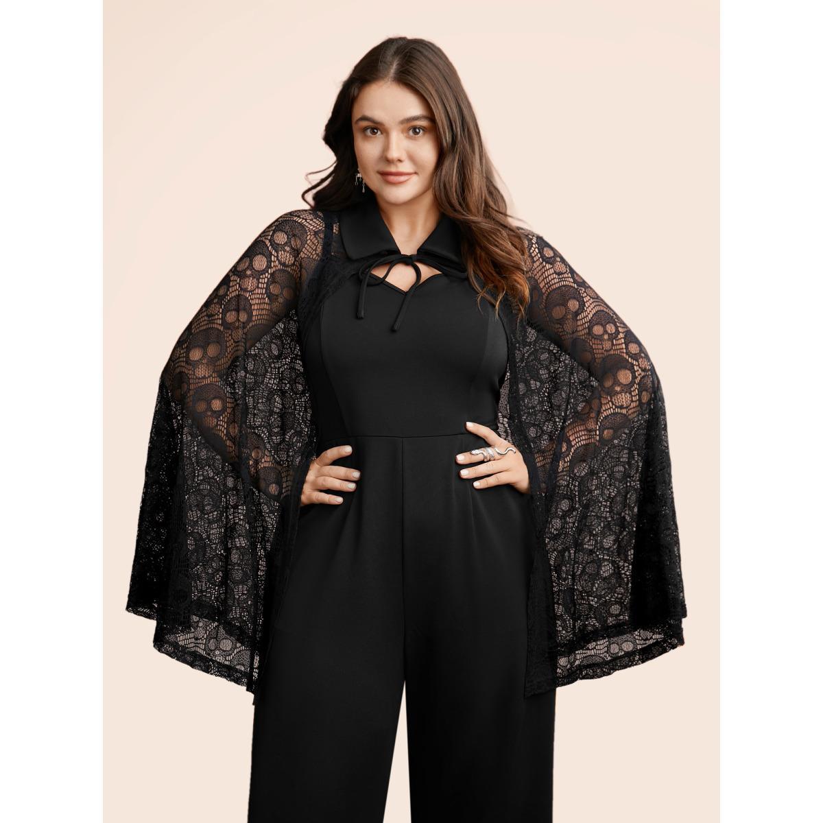 Plus Size Black Stretch Fabric Ghostly Cape With Jumpsuit Women Cocktail Sleeveless Shirt collar Party Loose Jumpsuits BloomChic 12/L Product Image