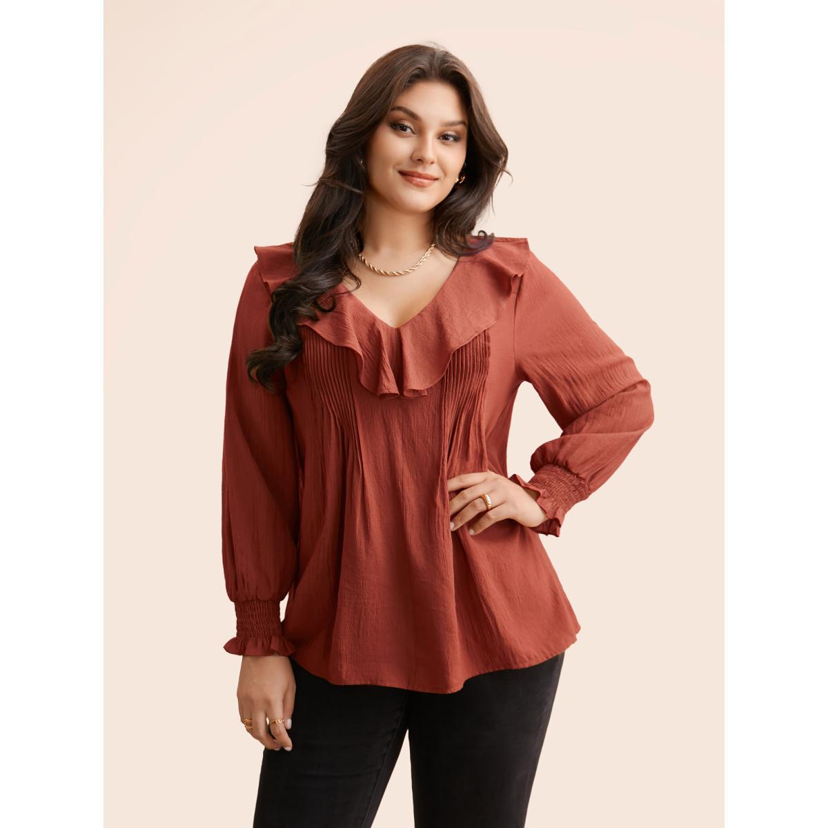 Plus Size Russet Solid Texture Pleated Ruffle Trim Blouse Women Elegant Long Sleeve Deep V-neck Everyday Blouses BloomChic 18-20/2X Product Image