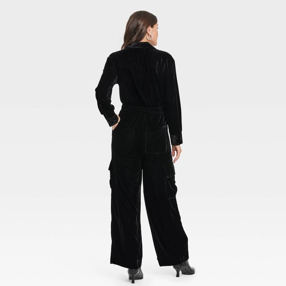 Womens Long Sleeve Velvet Cargo Jumpsuit - Universal Thread Black 6 Product Image