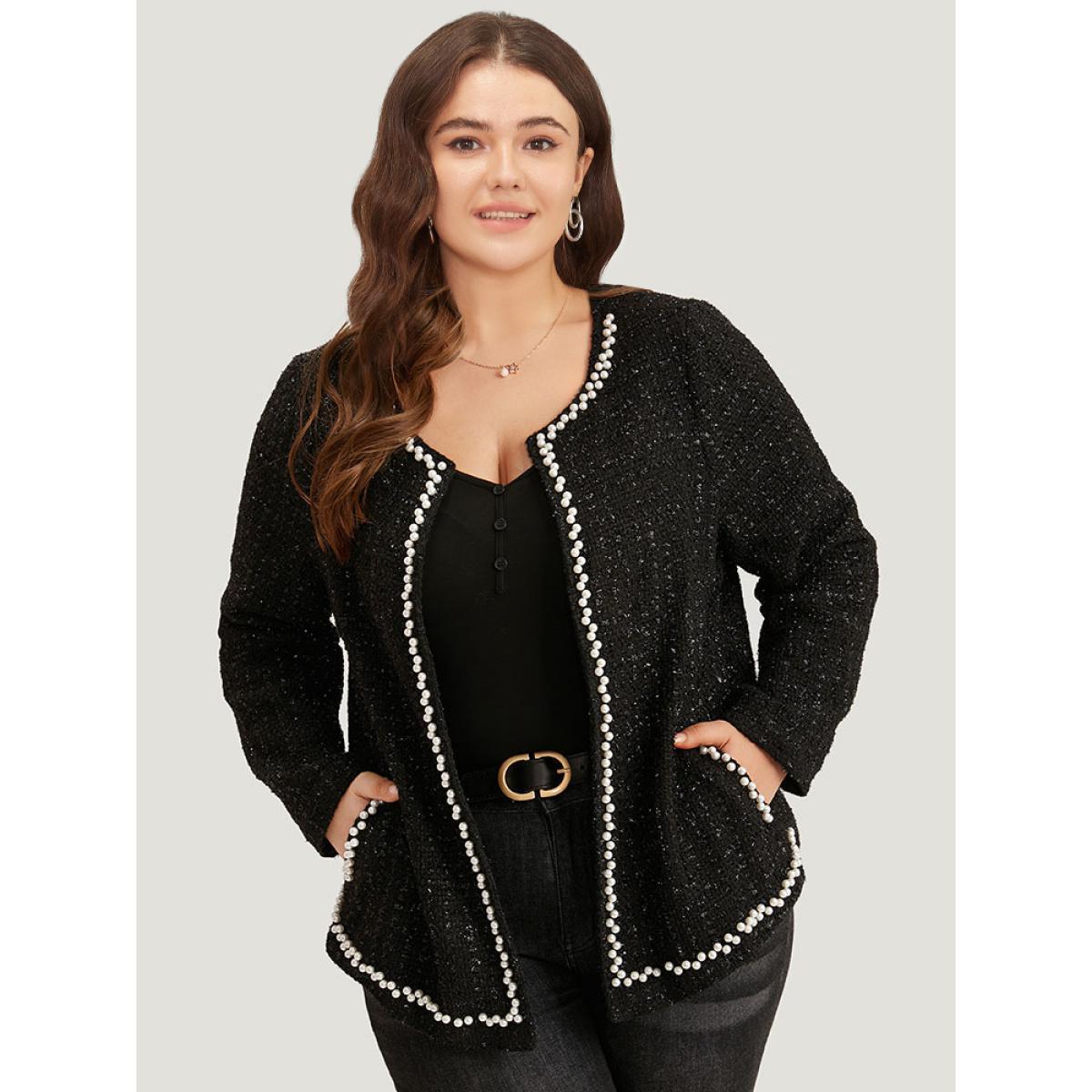 Plus Size Pearl Tweed Beaded Texture Pocket Blazer Women Black Elegant Texture Ladies Dailywear Winter Coats BloomChic 14-16/1X Product Image