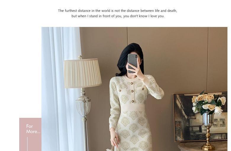 Long-Sleeve Crew Neck Patterned Knit Sheath Dress Product Image