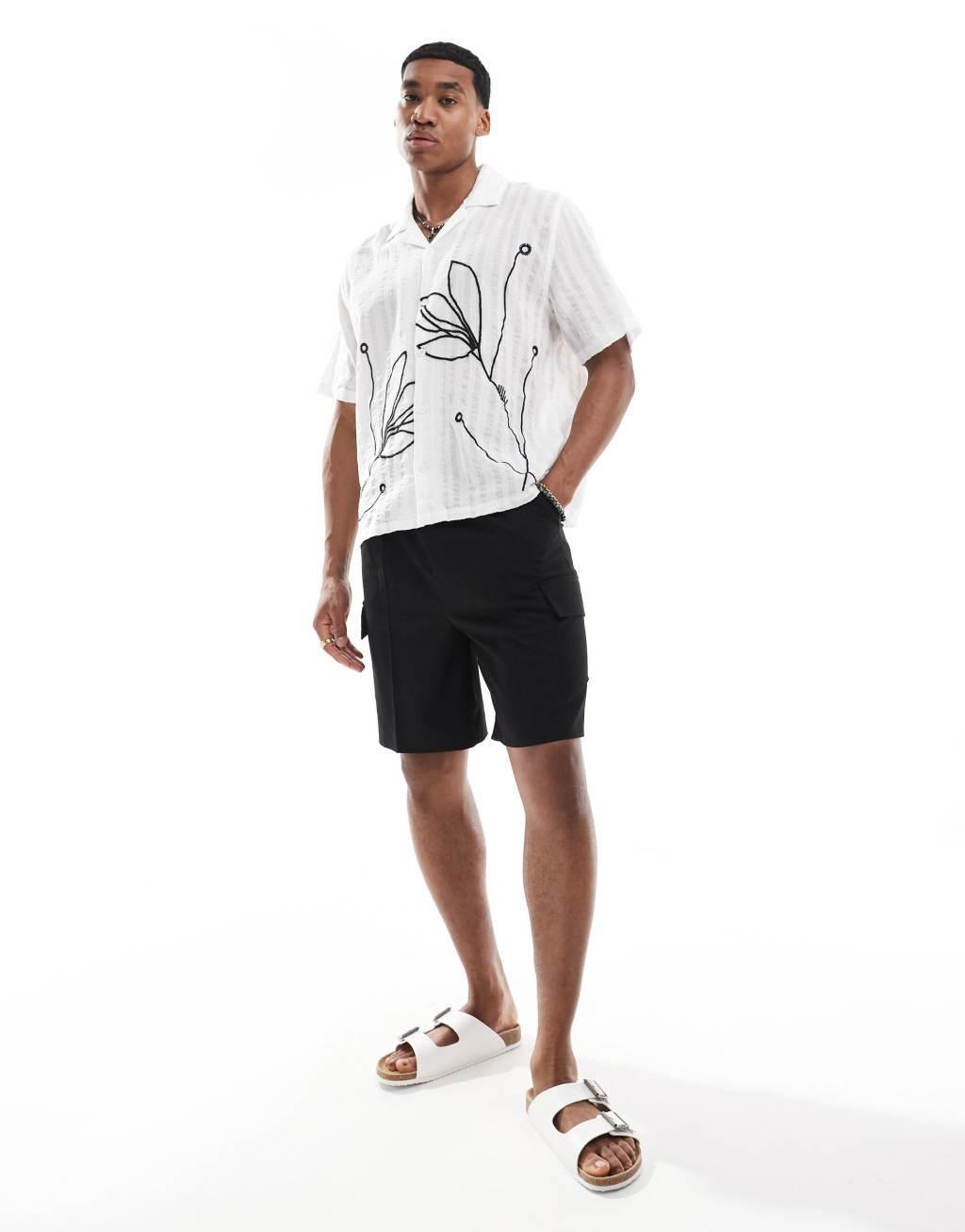 Bershka floral embroidered shirt in white Product Image