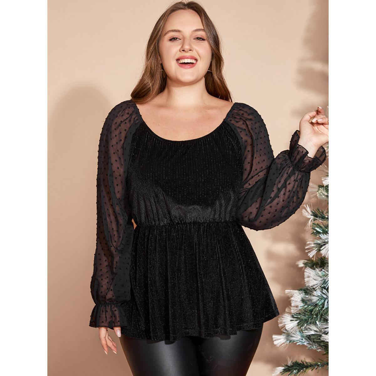 Plus Size Black Polka Dot Mesh Patchwork Textured Ruffle Hem Glitter Blouse Women Party Long Sleeve Scoop Neck Going out Blouses BloomChic 18-20/2X Product Image