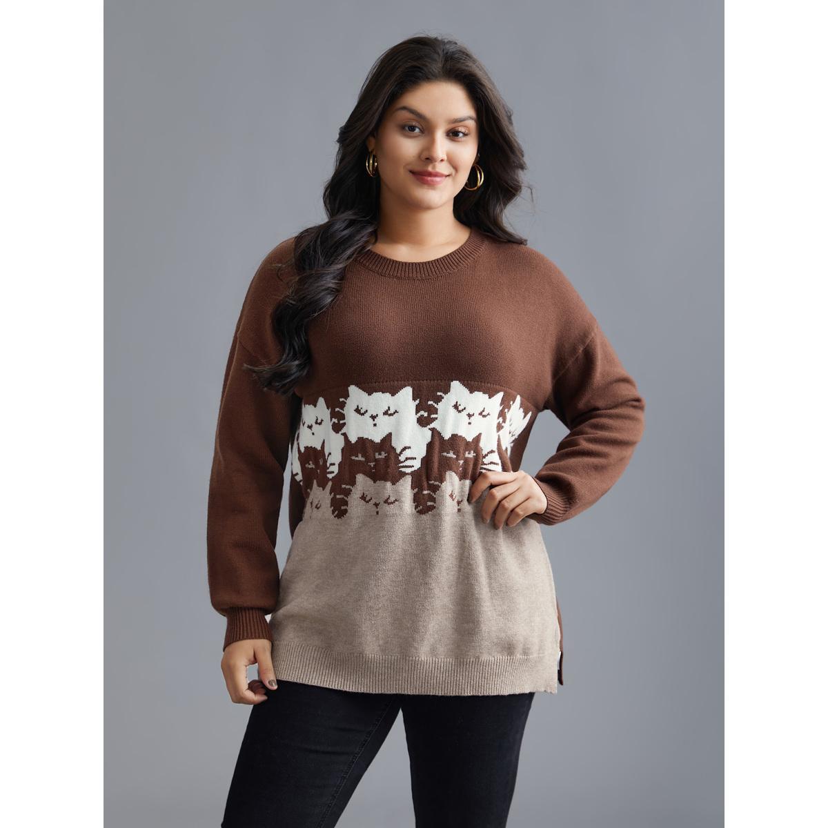 Plus Size Cat Contrast Drop Shoulder Pullover Browncoffeecolor Women Casual Loose Long Sleeve Round Neck Everyday Pullovers BloomChic 28/5X Product Image