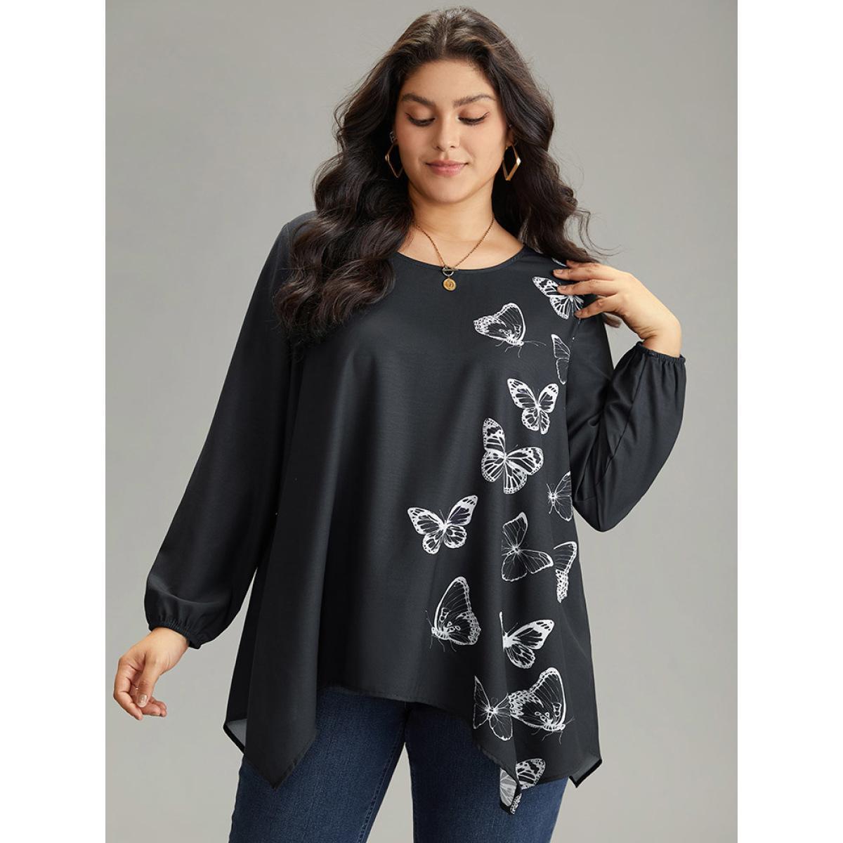 Plus Size Black Butterfly Crew Neck Lantern Sleeve Hanky Hem Blouse Women Elegant Long Sleeve Round Neck Work Blouses BloomChic 30/6X Product Image