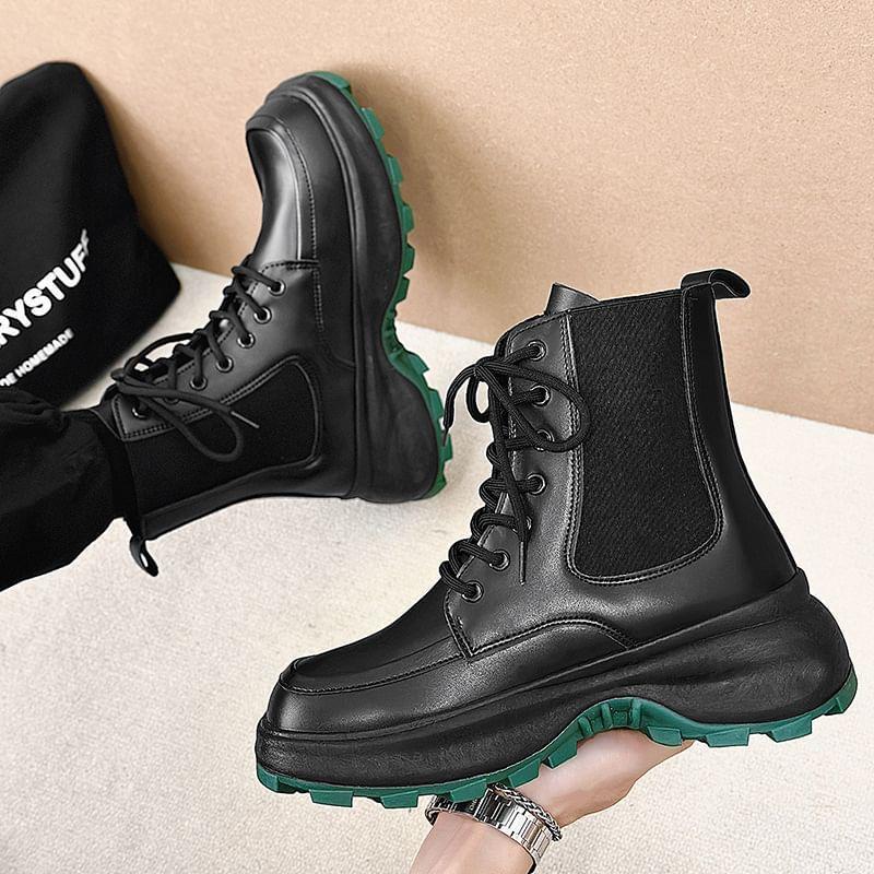 Faux Leather Platform Lace-Up Short Boots Product Image