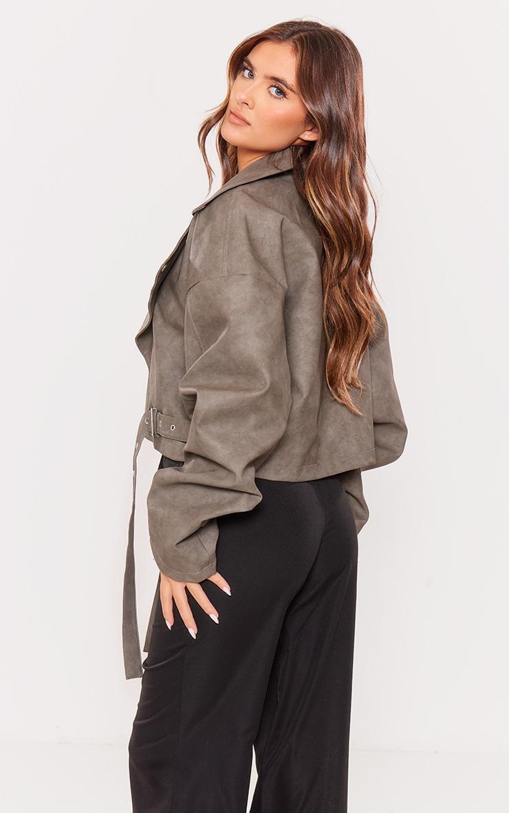  Charcoal Faux Leather Oversized Buckle Detail Biker Jacket Product Image