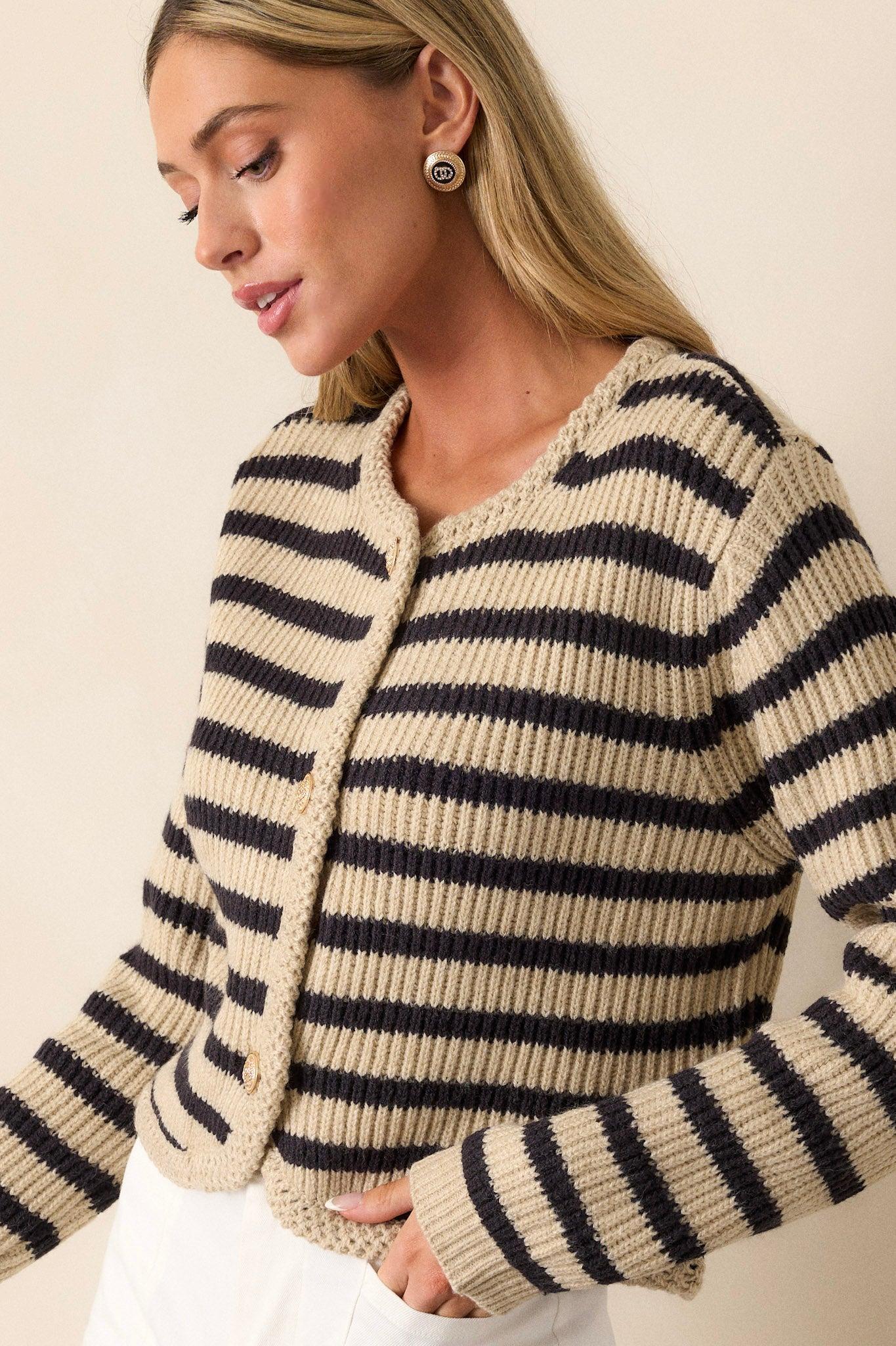 Passing Glances Tan Stripe Button Front Cardigan Product Image