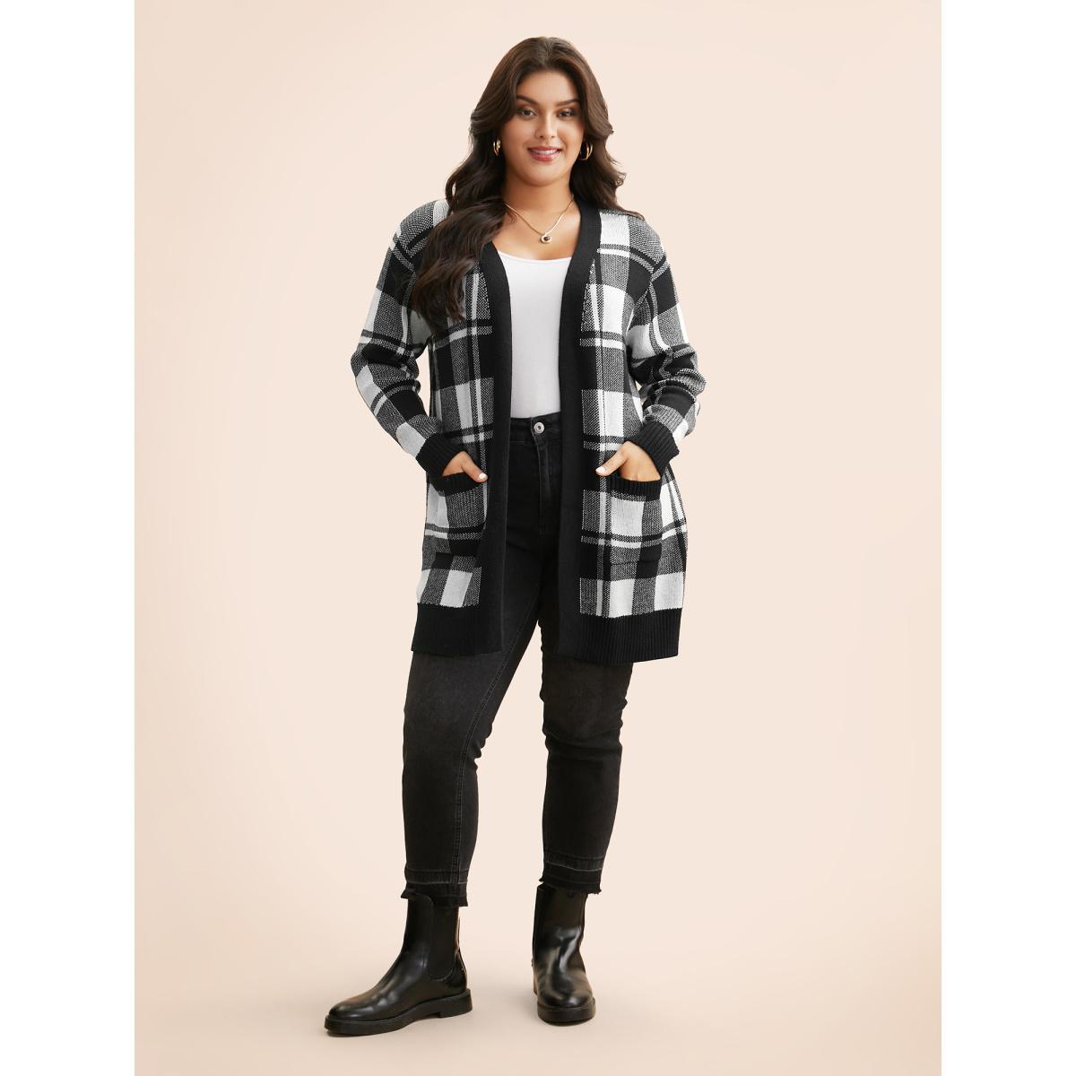 Plus Size Kimono Collar Plaid Slit Hem Cardigan Black Women Casual Loose Long Sleeve Everyday Cardigans BloomChic 26/4X Product Image