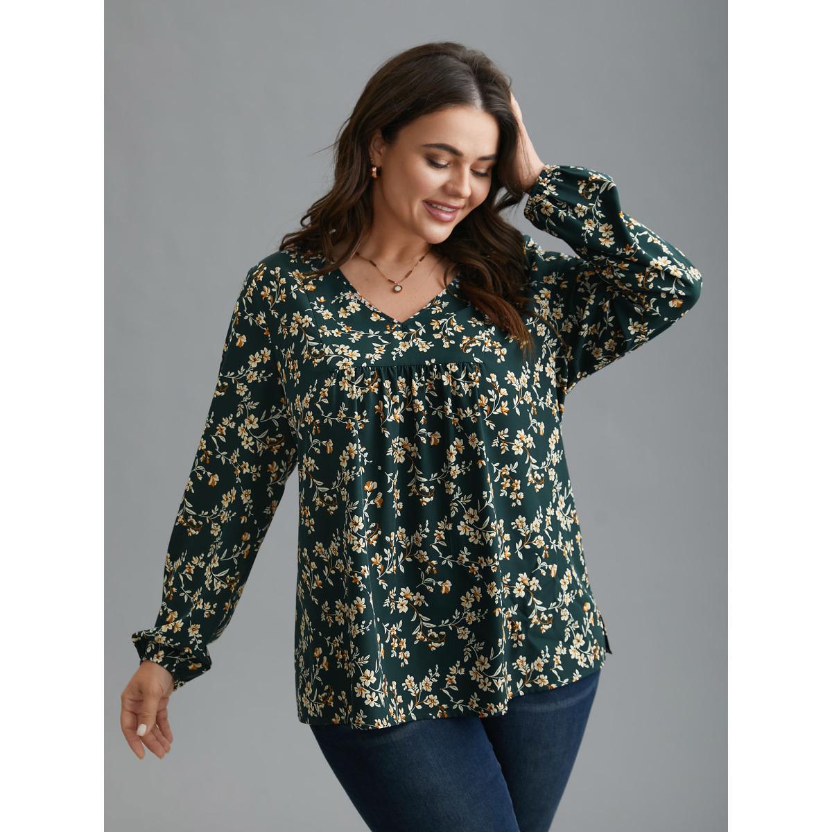 Plus Size DarkGreen Ditsy Floral Split Hem Gathered Blouse Women Elegant Extra Long Sleeve V-neck Everyday Blouses BloomChic 28/5X Product Image