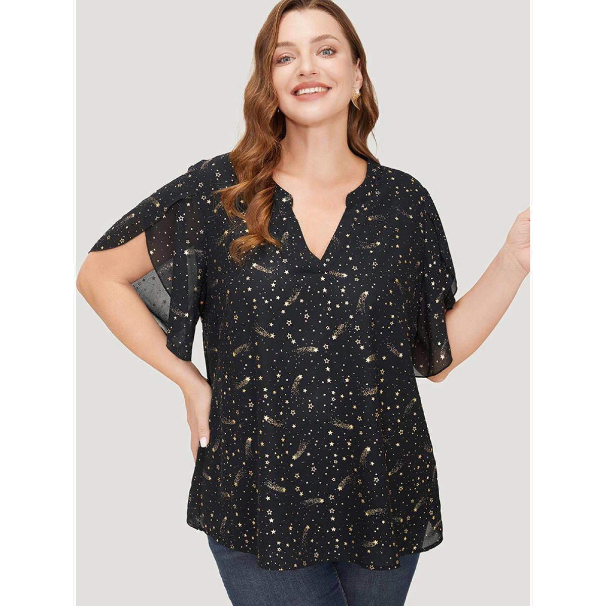 Plus Size Black Glitter Star Print Notched Split Petal Sleeve Blouse Women Glamour Short sleeve Notched collar Going out Blouses BloomChic 18-20/2X Product Image