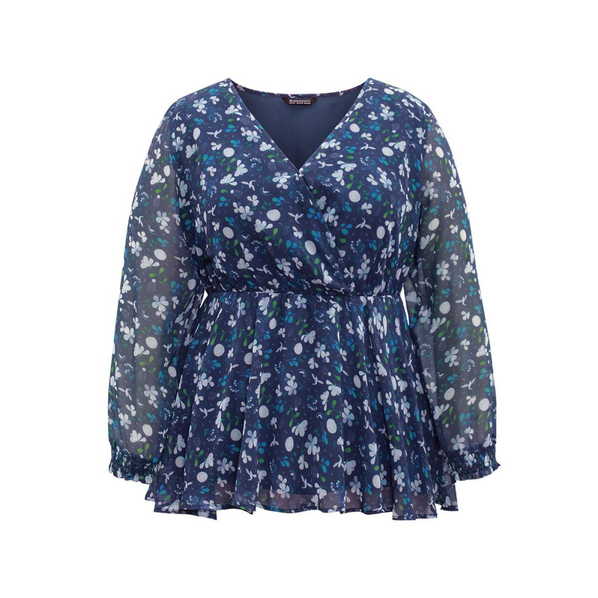 Plus Size Indigo Floral Wrap Elastic Waist Mesh Patchwork Blouse Women Elegant Long Sleeve V-neck Party Blouses BloomChic 14-16/1X Product Image