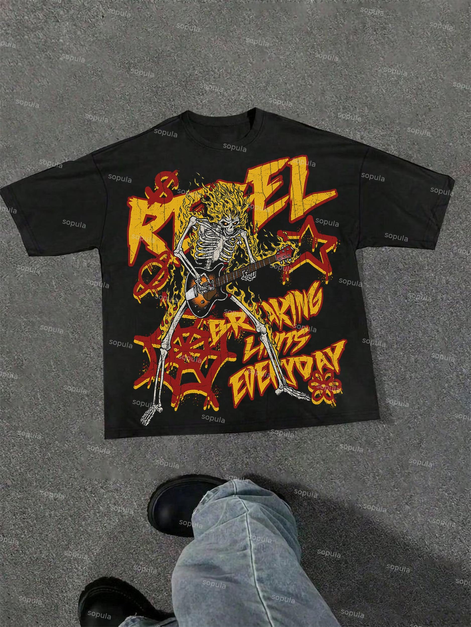Flame Skull Graffiti Print Cotton T-shirt Product Image