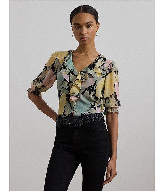 Lauren Ralph Lauren Floral Crinkle Georgette V-Neck Ruffle Trim Blouse Product Image