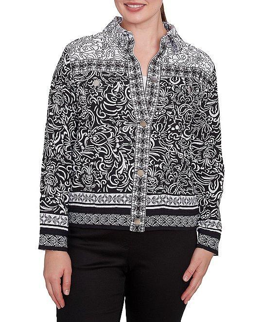 Ruby Rd. Luxe Voile Abstract Botanical Border Print Point Collar Long Sleeve Button-Front Jacket Product Image