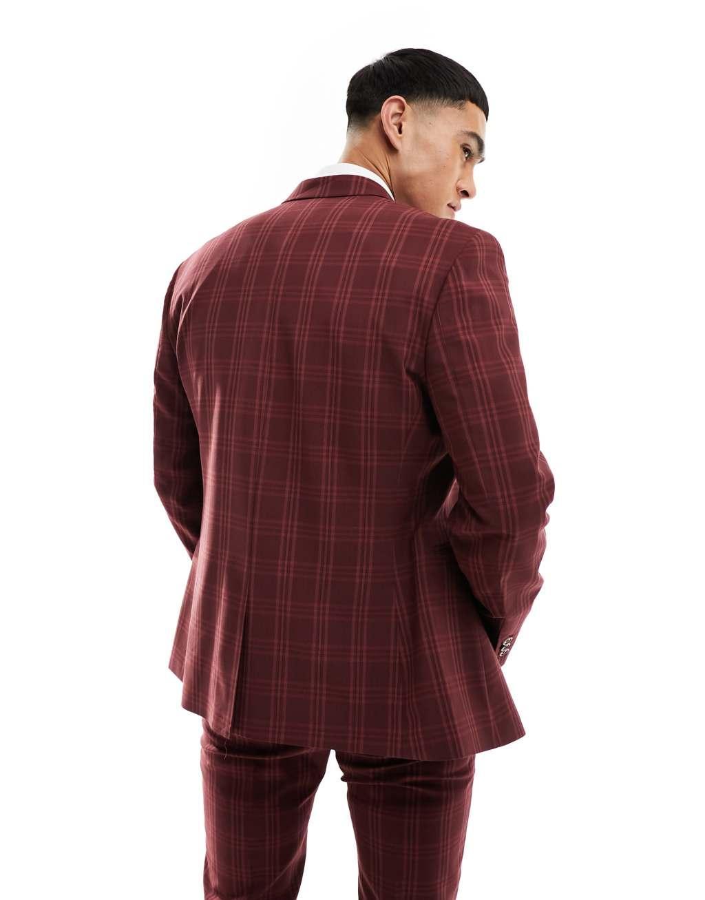 ASOS DESIGN skinny suit jacket in burgundy tonal check Product Image