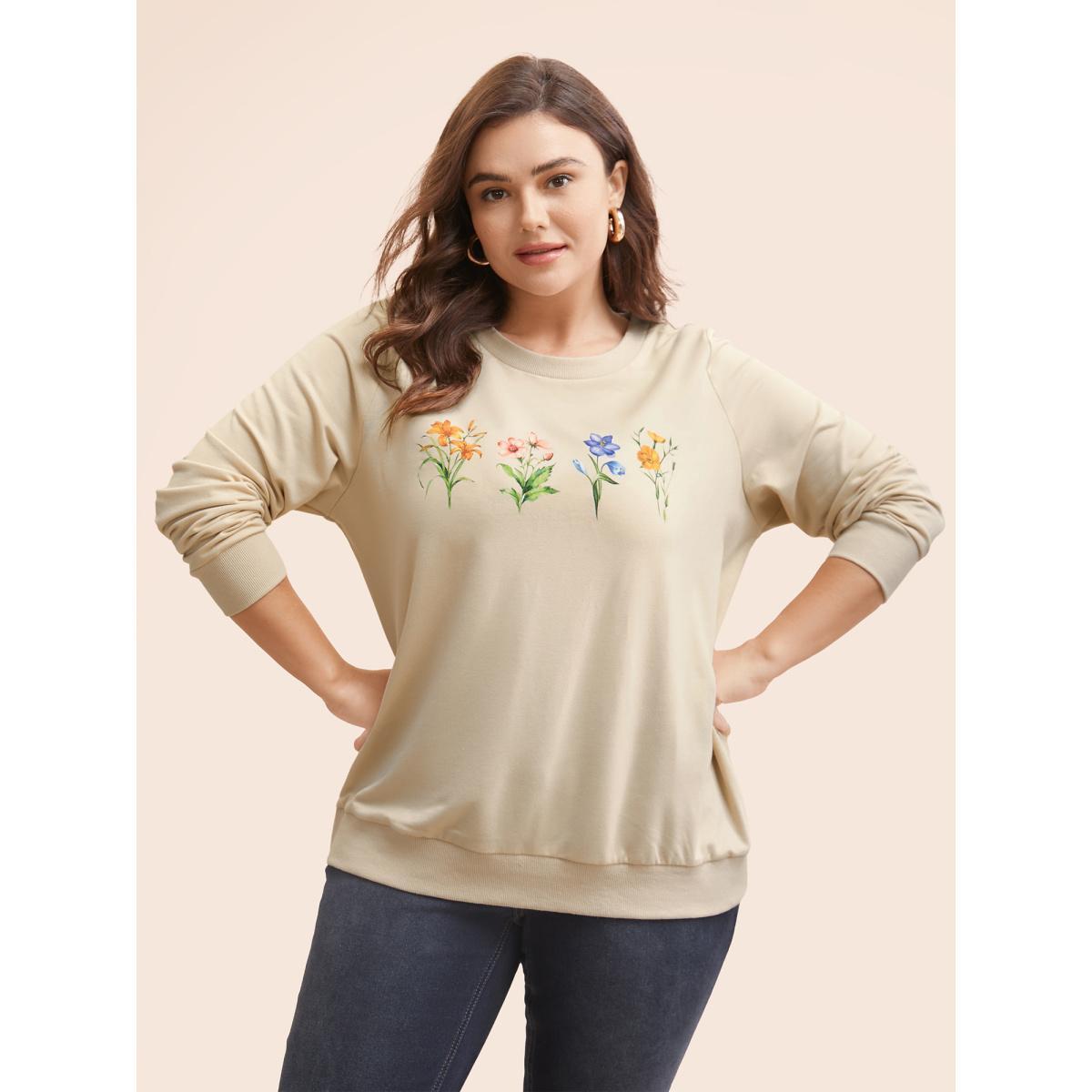 Plus Size Round Neck Natural Flowers Sweatshirt Women Apricot Casual Patchwork Round Neck Everyday Sweatshirts BloomChic 18-20/2X Product Image