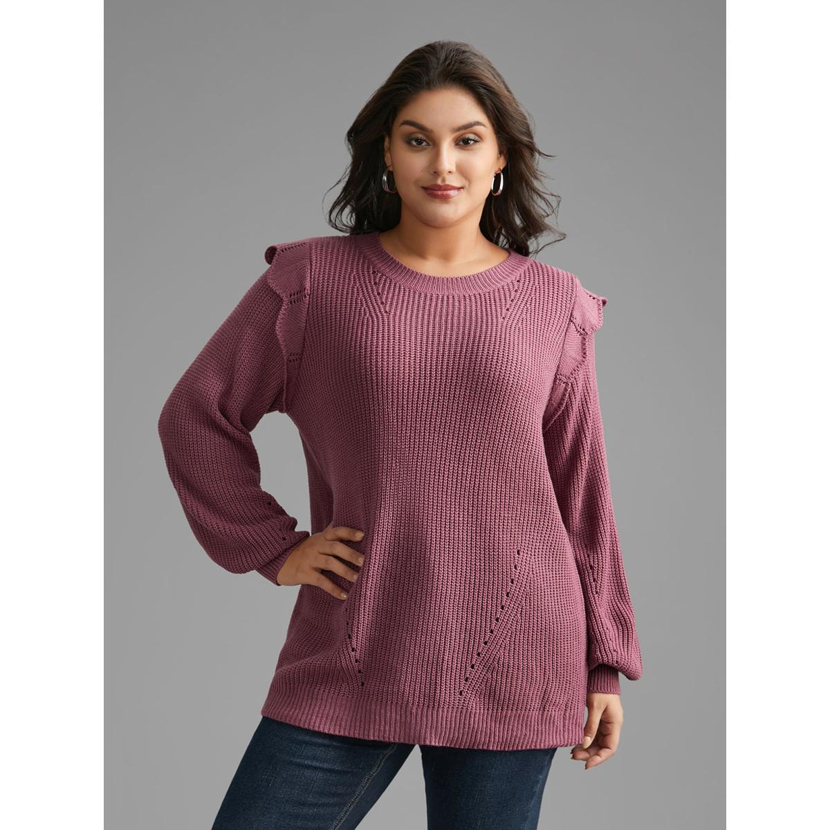Plus Size Plain Texture Trim Lantern Sleeve Pullover DustyPink Women Casual Loose Long Sleeve Round Neck Everyday Pullovers BloomChic 26/4X Product Image