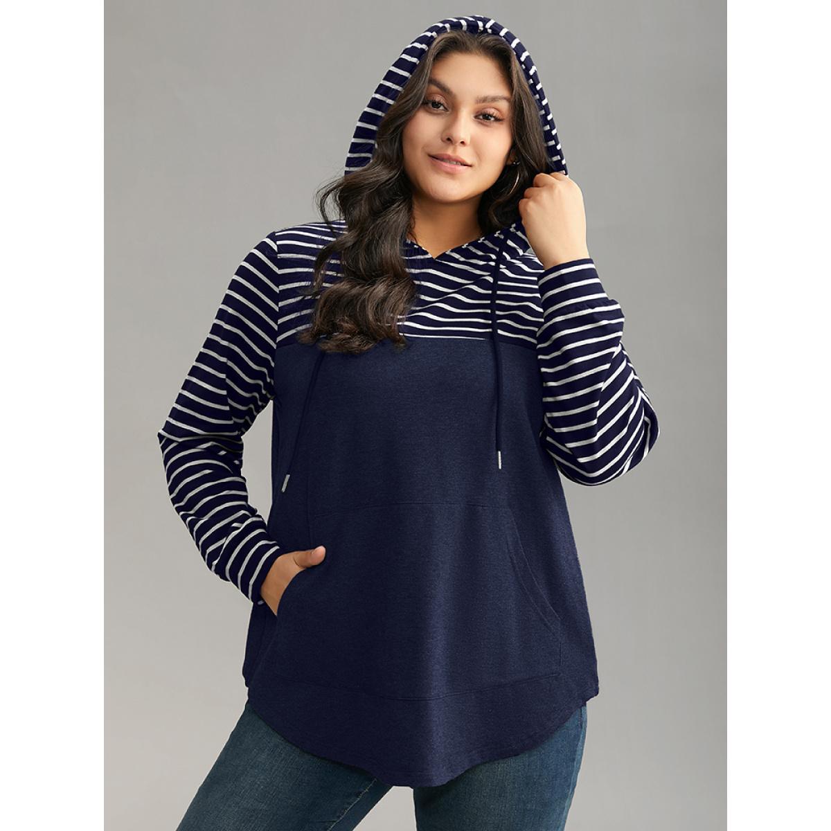 Plus Size Striped Patchwork Hooded Pocket Drawstring Sweatshirt Women Indigo Casual Contrast Hooded Everyday Sweatshirts BloomChic 18-20/2X Product Image
