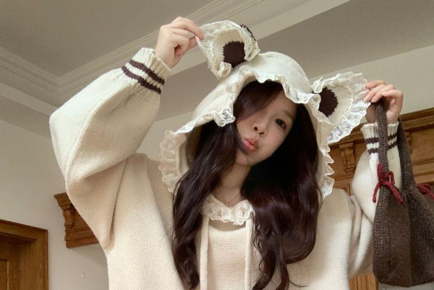 Rabbit Accent Lace Trim Oversized Knit Hoodie Product Image