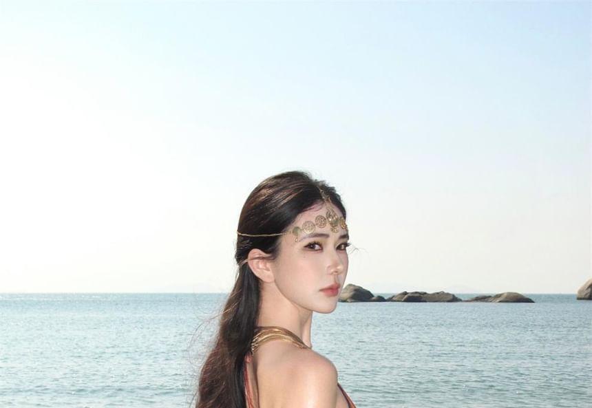 Halter Leopard Print Cutout Beaded Chain Slit Maxi Sheath Dress Product Image