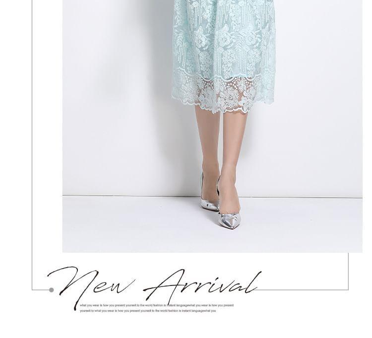 Set: Long Sleeve Round Neck Plain Floral Embroidered Faux Pearl Button Mesh Top + High Waist Midi A-Line Skirt Product Image
