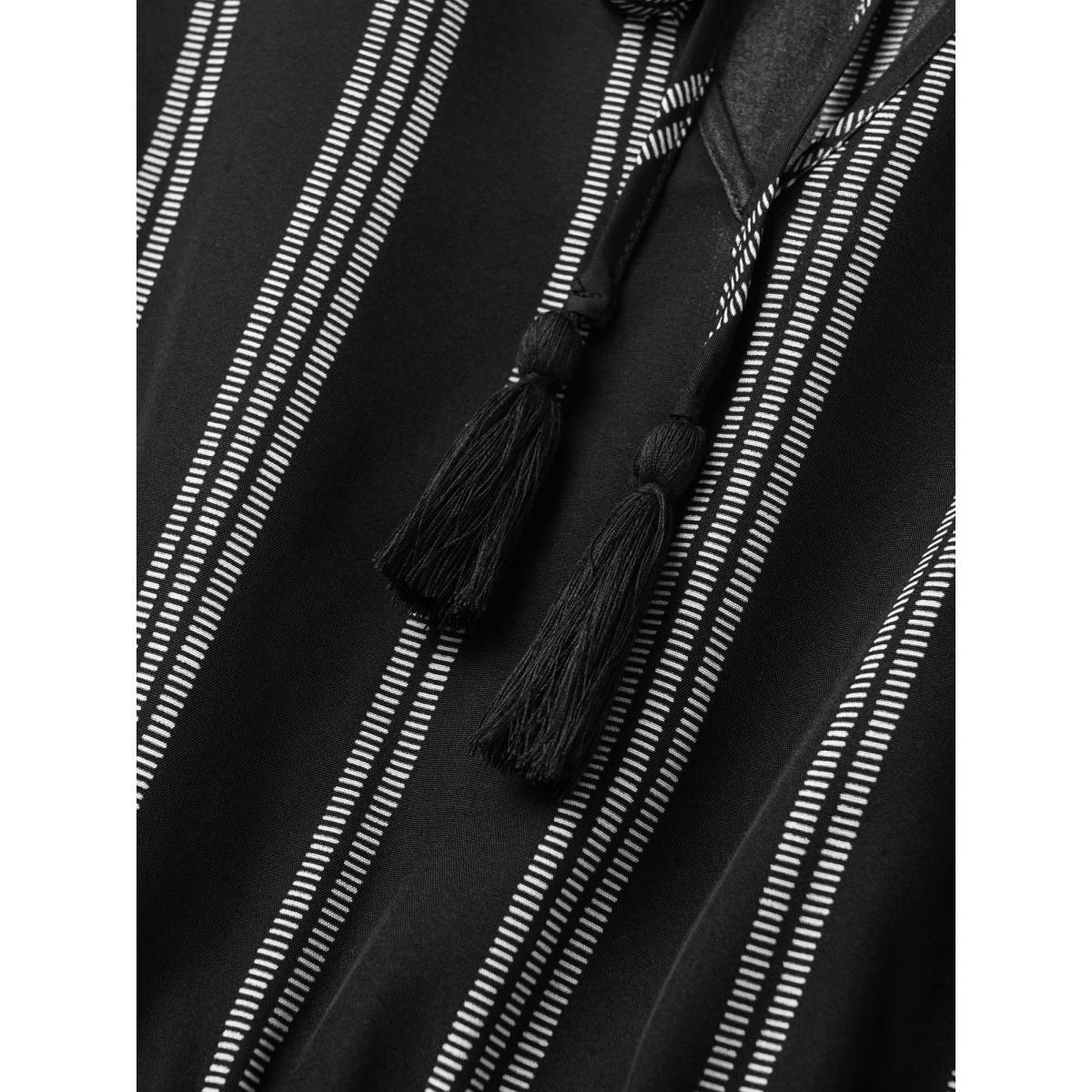 Plus Size Striped Patchwork Tassels Ties Shirred Dress Black Women Resort Non V-neck Short sleeve Curvy Midi Dress BloomChic 14-16/1X Product Image