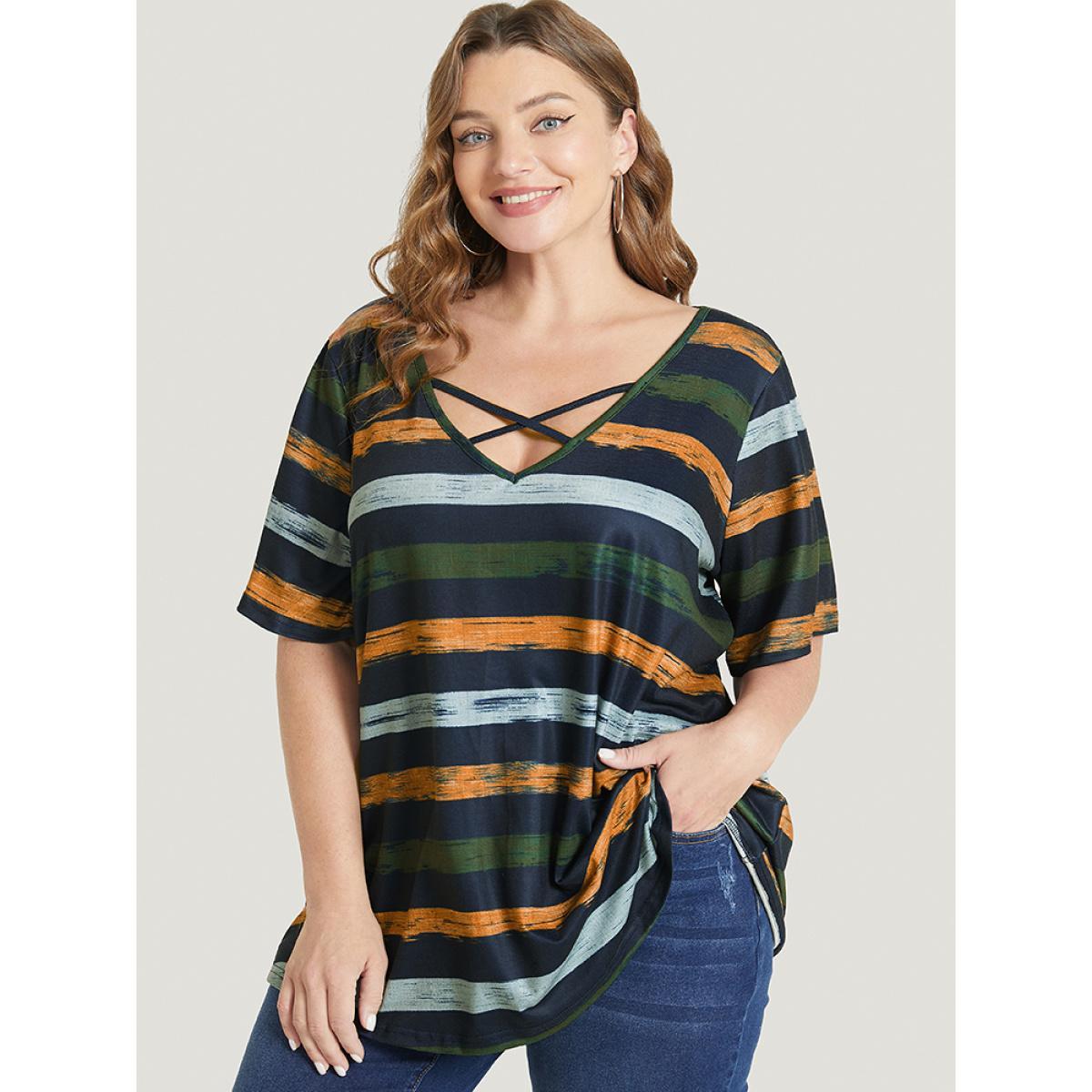 Plus Size Striped Contrast Crisscross Neck T-shirt Moss Women Casual Striped V-neck Dailywear T-shirts BloomChic 18-20/2X Product Image