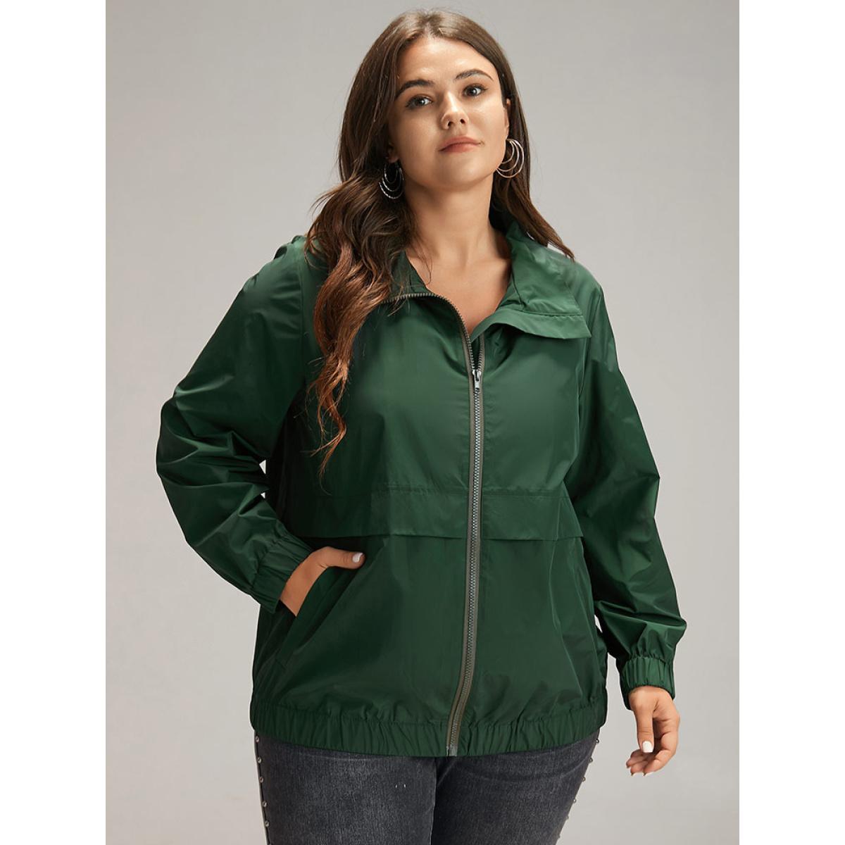 Plus Size Wind-Resistant Plain Zipper Fly Pocket Jacket Women DarkGreen Elastic cuffs Pocket Dailywear Jackets BloomChic 28/5X Product Image