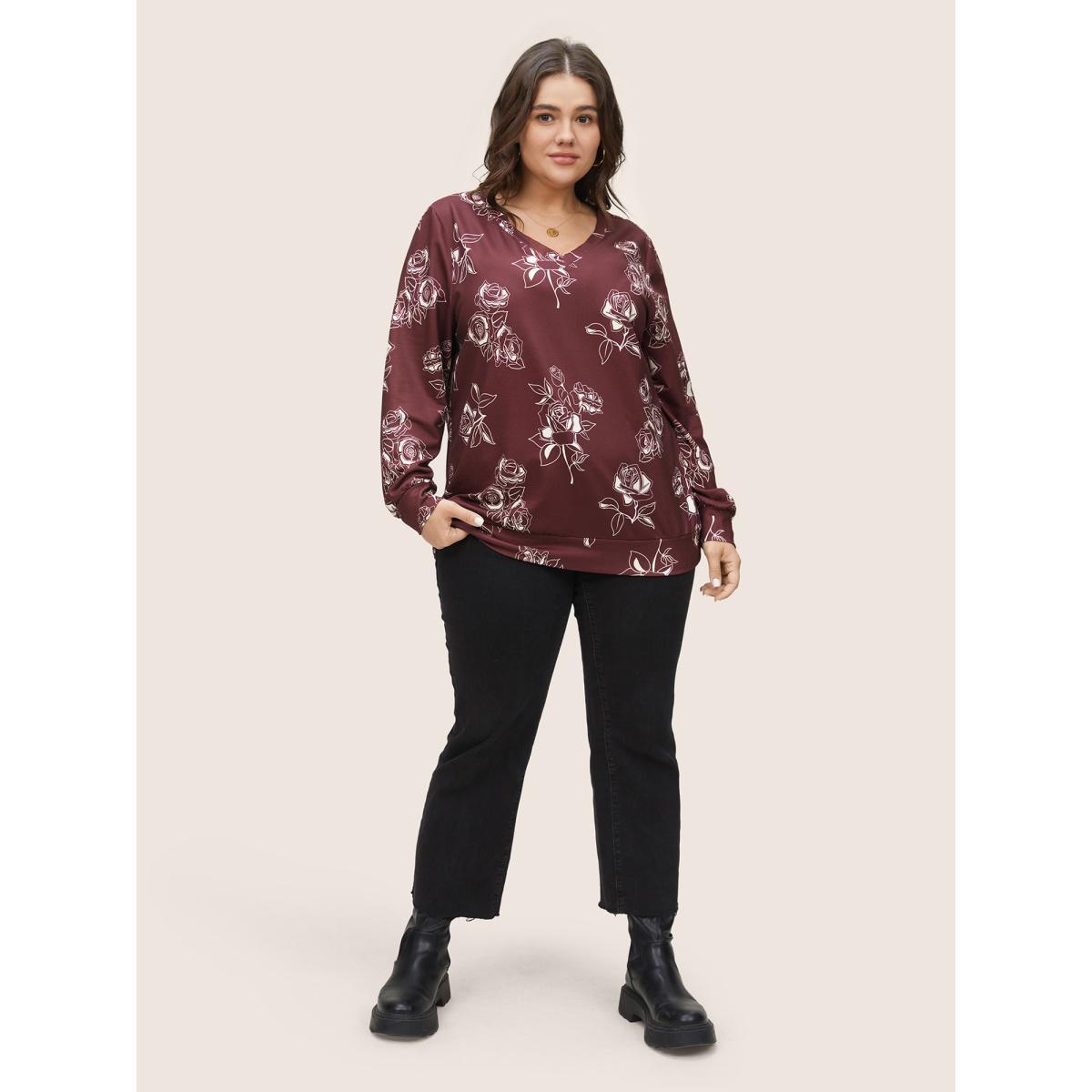 Plus Size Silhouette Floral Rose Print V Neck Sweatshirt Women Burgundy Casual Non V-neck Everyday Sweatshirts BloomChic 18-20/2X Product Image