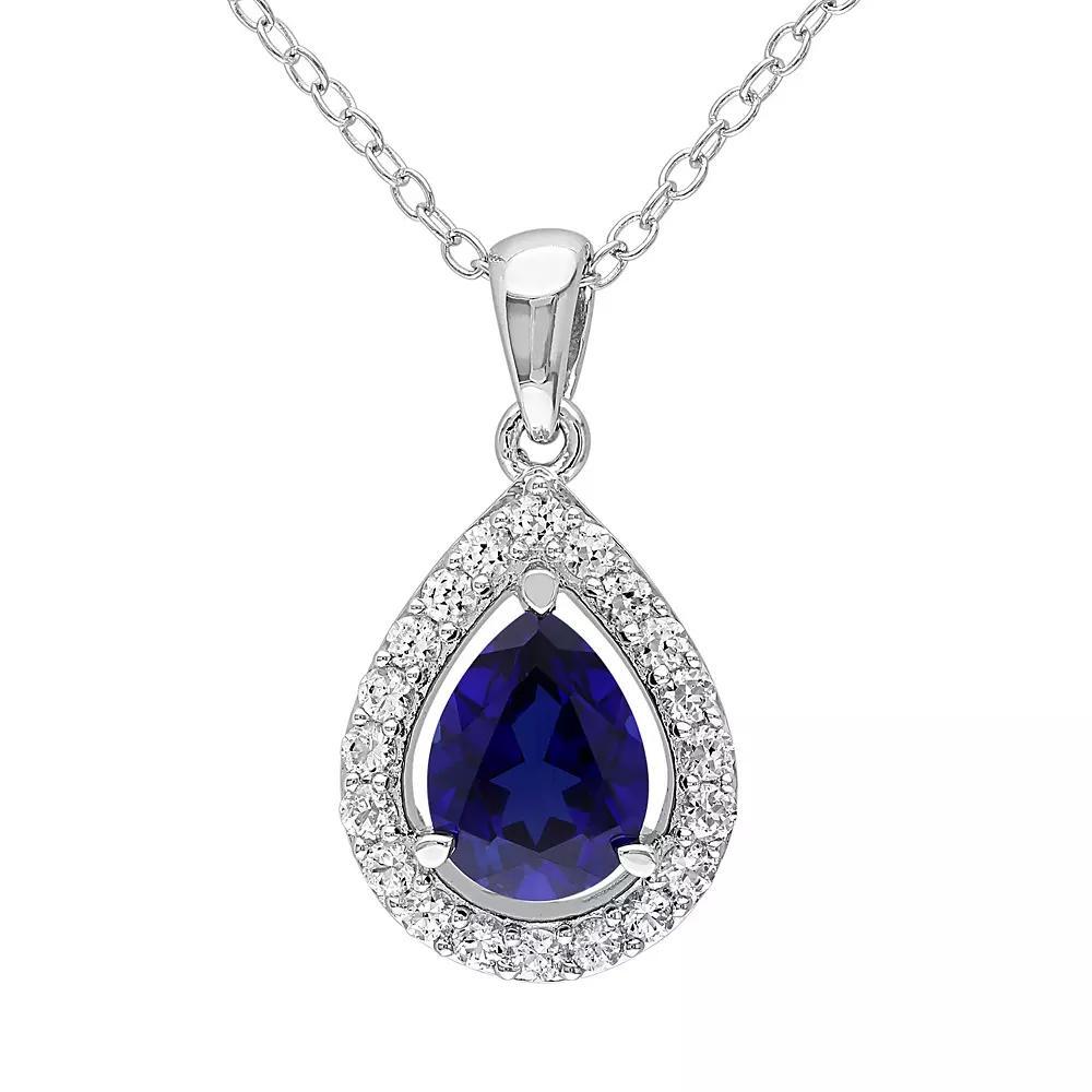Stella Grace Lab-Created Blue Sapphire & Lab-Created White Sapphire Sterling Silver Teardrop Halo Pendant Necklace, Womens Product Image
