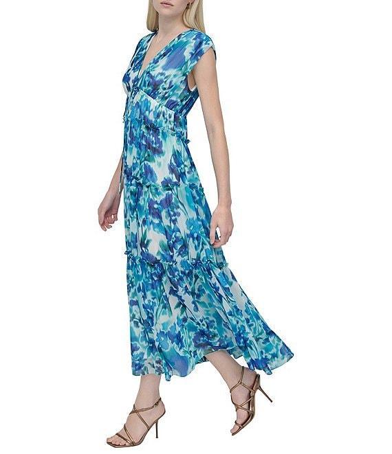 DKNY by Donna Karan Chiffon Floral Print V Neck Sleeveless Sheath Maxi Dress Product Image