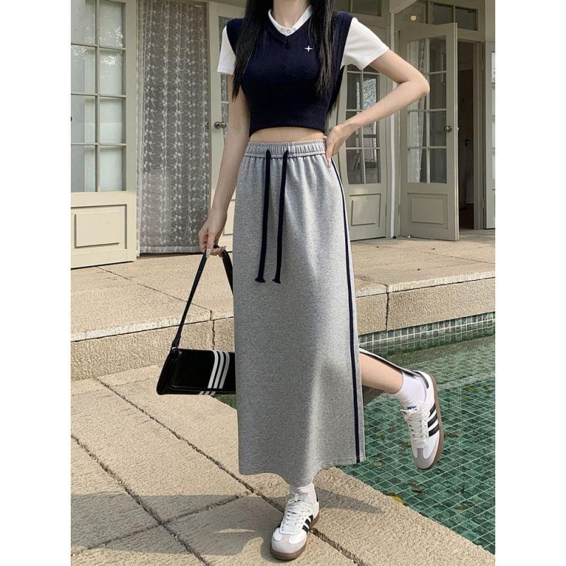 High Waist Striped Midi A-Line Skirt Product Image