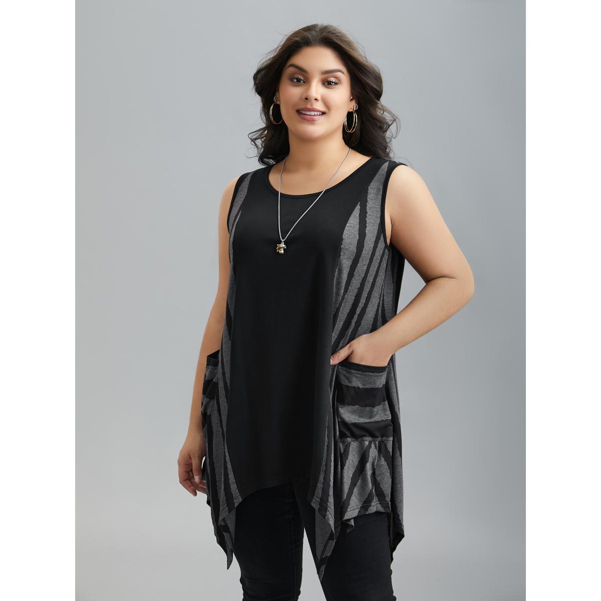 Plus Size Striped Spliced Pockets Hi-Low Hem Vest Women Black Casual Contrast Round Neck Everyday Tank Tops Camis BloomChic 22-24/3X Product Image