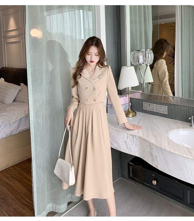 Set: Spaghetti Strap Plain Midi A-Line Dress + Crop Double-Breasted Blazer Product Image