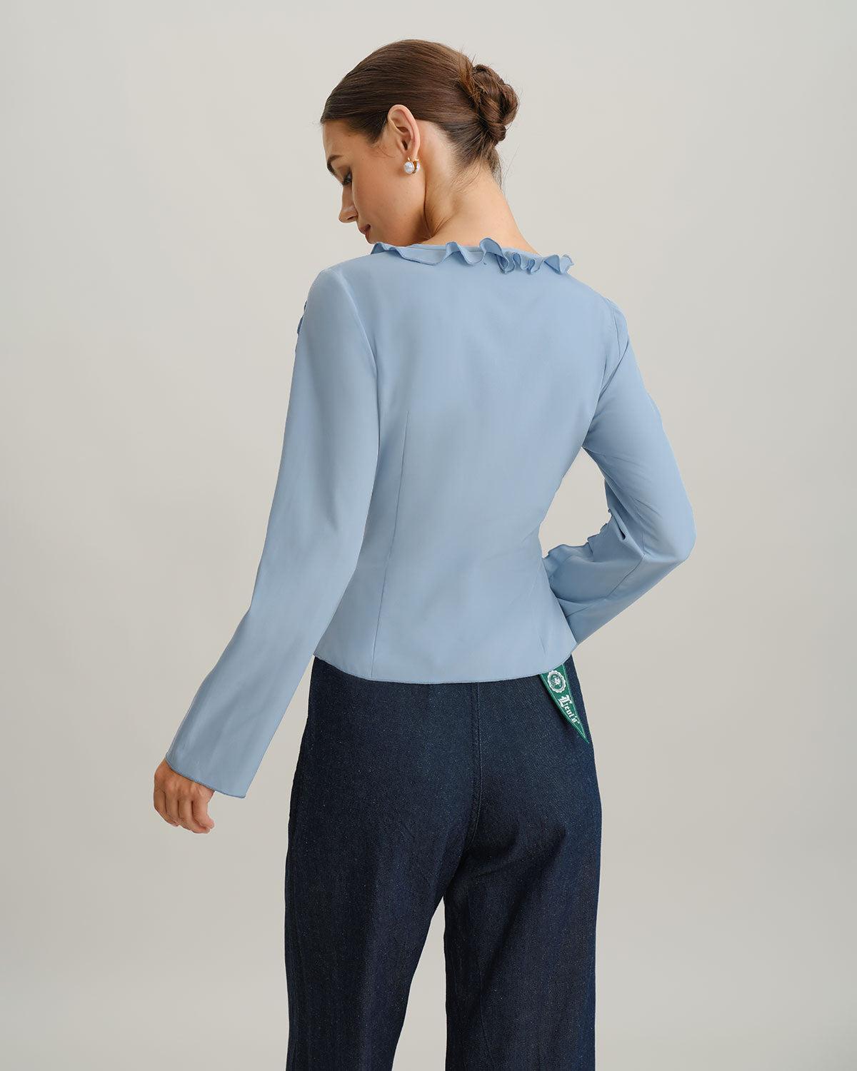 Blue Ruffle V Neck Button Blouse Product Image