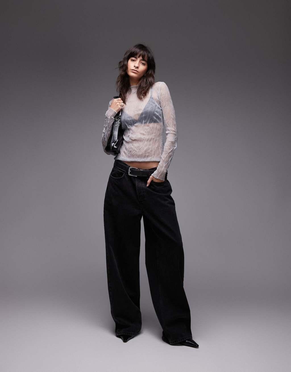 Topshop sheer crinkle long sleeve top in silver Product Image