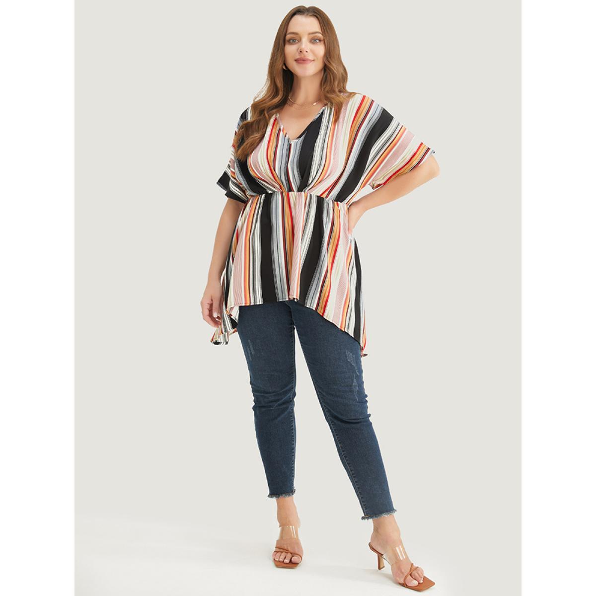 Plus Size Multicolor Striped Contrast Dolman Sleeve Asymmetrical Hem Blouse Women Vacation Short sleeve V-neck Dailywear Blouses BloomChic 28/5X Product Image