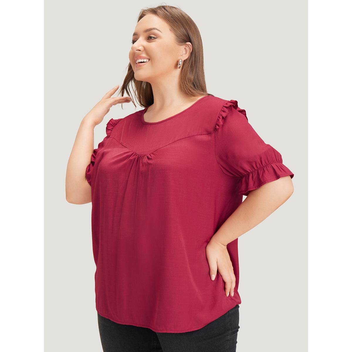 Plus Size RedViolet Plain Gathered Ruffle Trim Puff Sleeve Blouse Women Office Short sleeve Round Neck Work Blouses BloomChic 14-16/1X Product Image