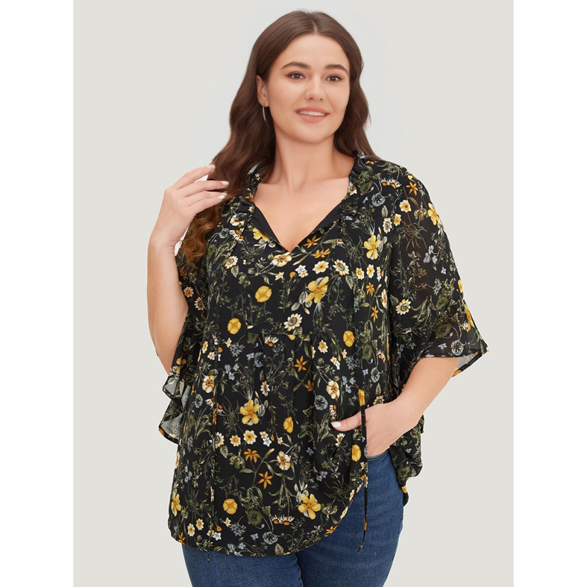Plus Size Black Floral Tie Neck Frill Trim Bell Sleeve Blouse Women Elegant Half Sleeve Tie Neck Dailywear Blouses BloomChic 22-24/3X Product Image
