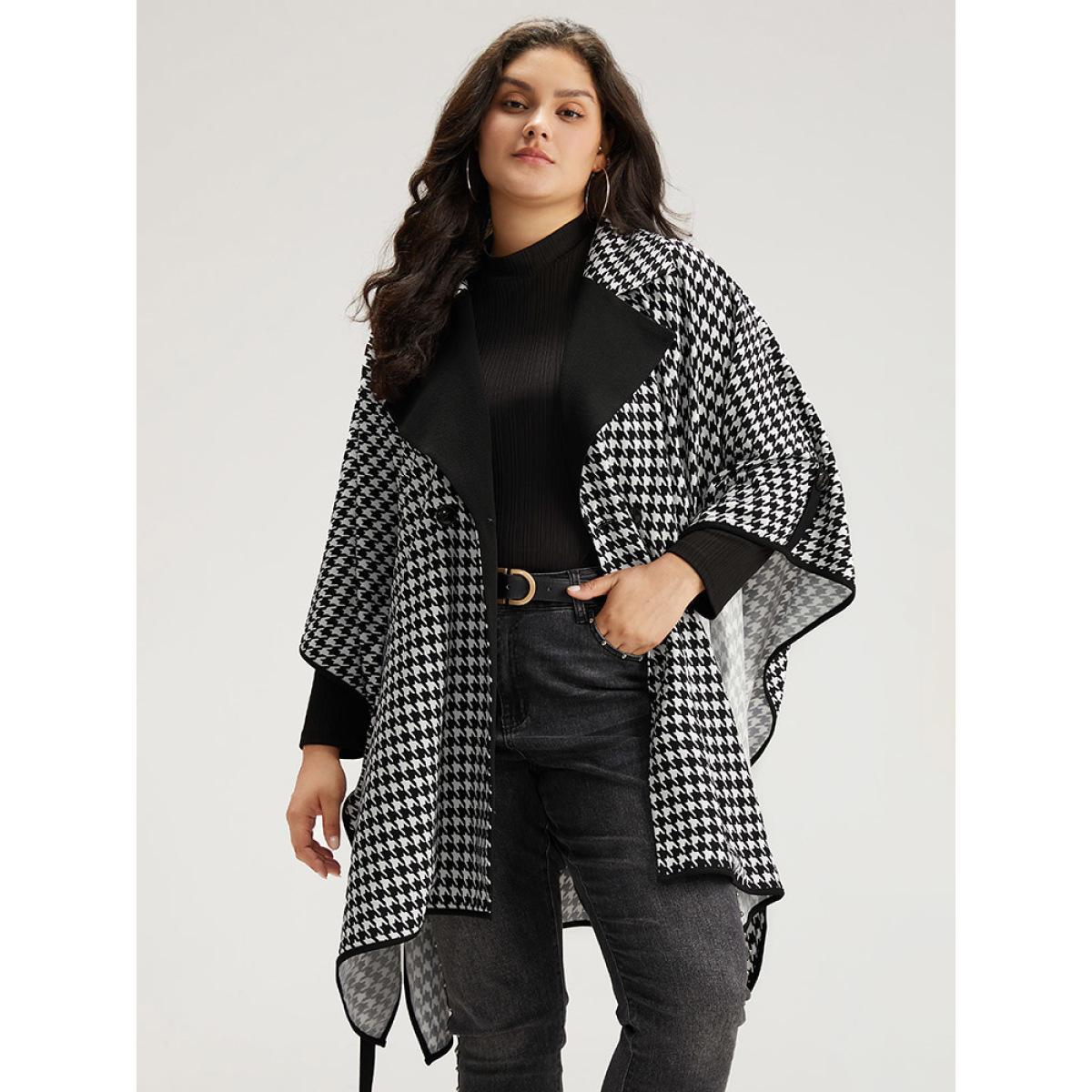 Plus Size Houndstooth Dolman Sleeve Lapel Collar Belted Coat Women Black Casual Belted Loose Ladies Dailywear Winter Coats BloomChic 30/6X Product Image
