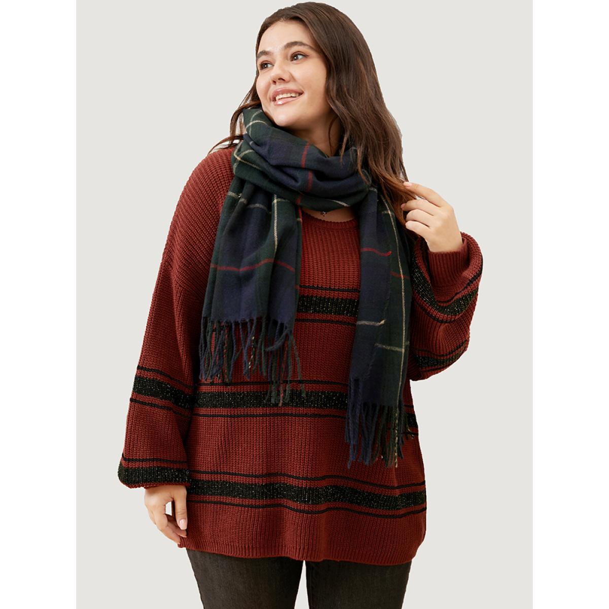 Plus Size Striped Contrast Pointelle Knit Lantern Sleeve Round Neck Knit Top Scarlet Women Casual Loose Long Sleeve Round Neck Dailywear Pullovers BloomChic 26/4X Product Image