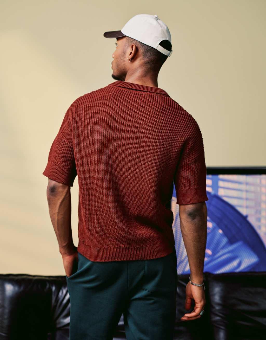 ASOS DESIGN relaxed boxy fit cable knitted notch neck polo in burgundy Product Image
