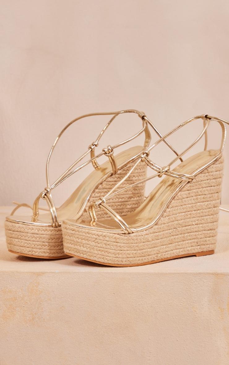 Gold PU Metallic Twist Strap Lace Up High Heeled Espadrille Wedges Product Image