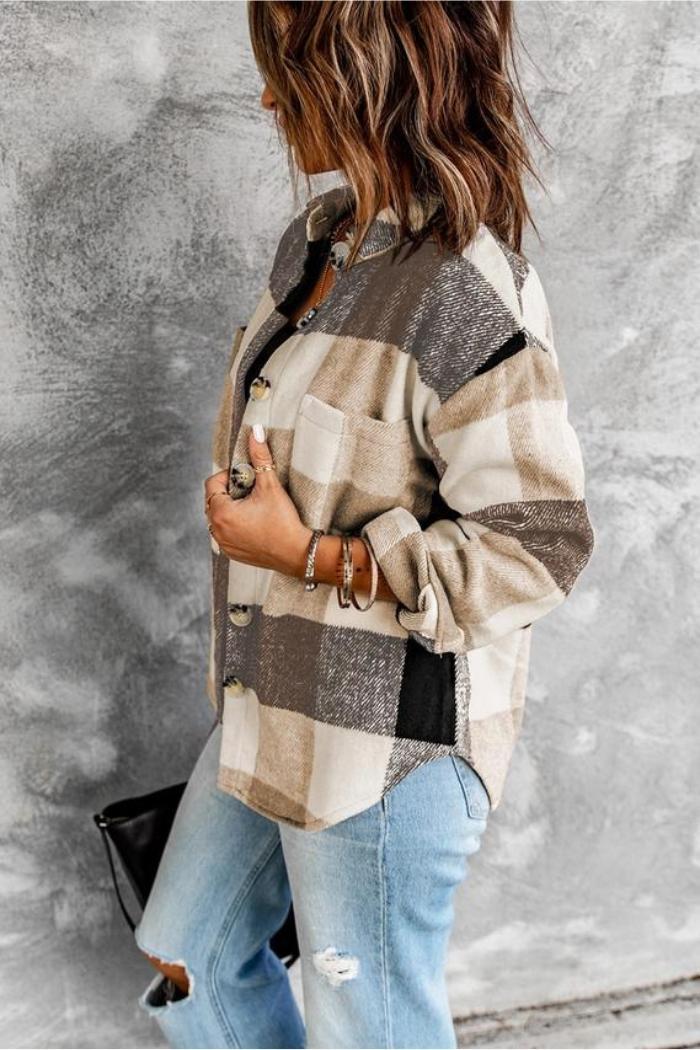 Plaid Color Block Buttoned Long Sleeve Jacket with Pocket Product Image