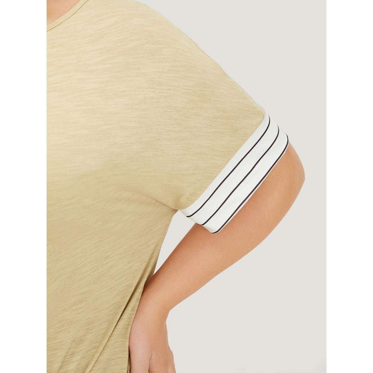 Plus Size Striped Patchwork Knotted Hem Heather T-shirt LightBrown Women Casual Heather Striped Round Neck Dailywear T-shirts BloomChic 30/6X Product Image
