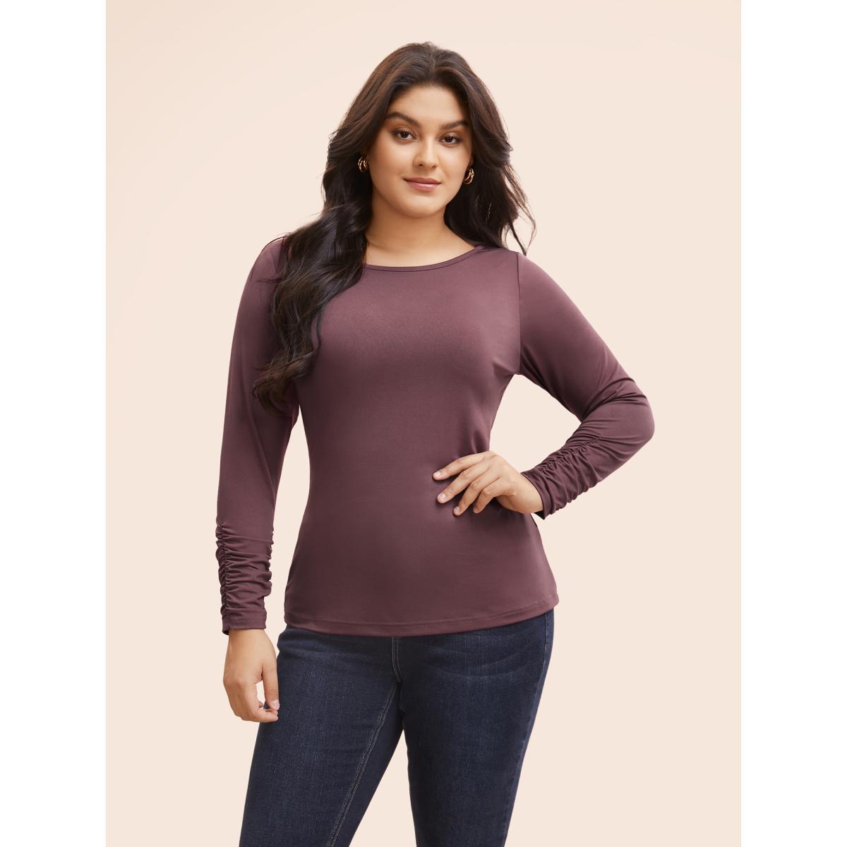 Plus Size Solid Boat Neck Gathered T-shirt DustyPink Women Elegant Gathered Boat Neck Bodycon Everyday T-shirts BloomChic 12/L Product Image