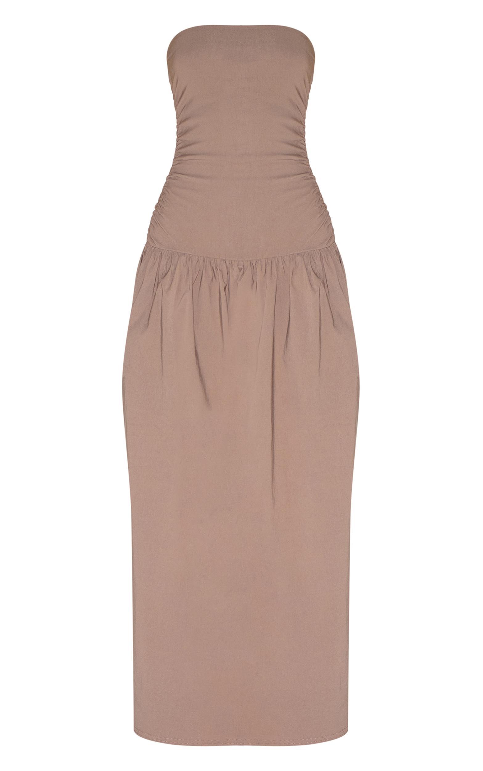 Taupe Stretch Woven Bandeau Ruched Maxi Dress Product Image
