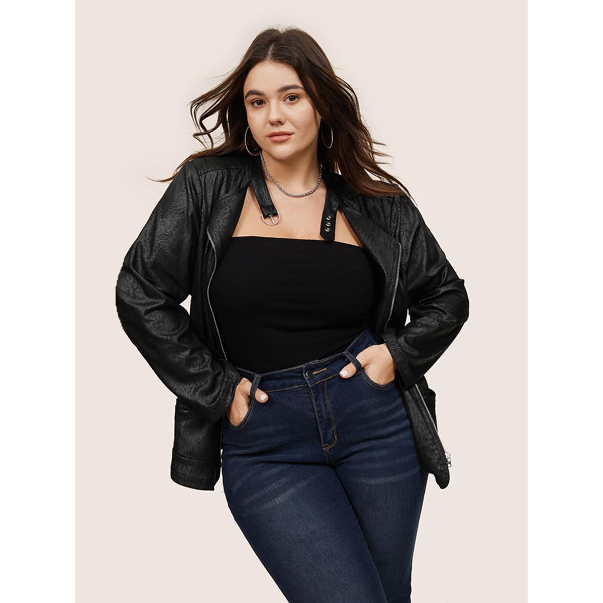 Plus Size PU Leather Print Faux Suede Buckle Detail Jacket Women Black Texture Pocket Everyday Jackets BloomChic 26/4X Product Image